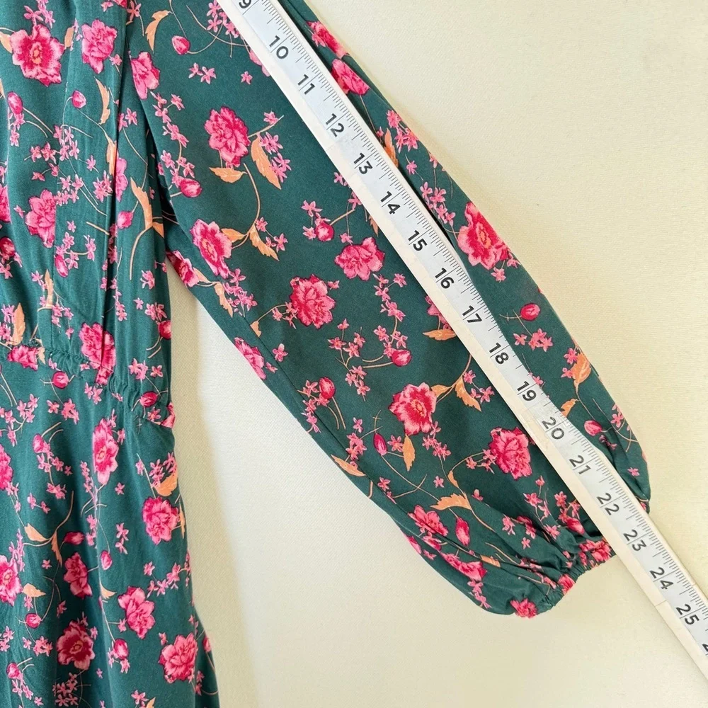 Free People Flower Fields Mini Dress Green Floral Boho Long Sleeve Sz M Flowy